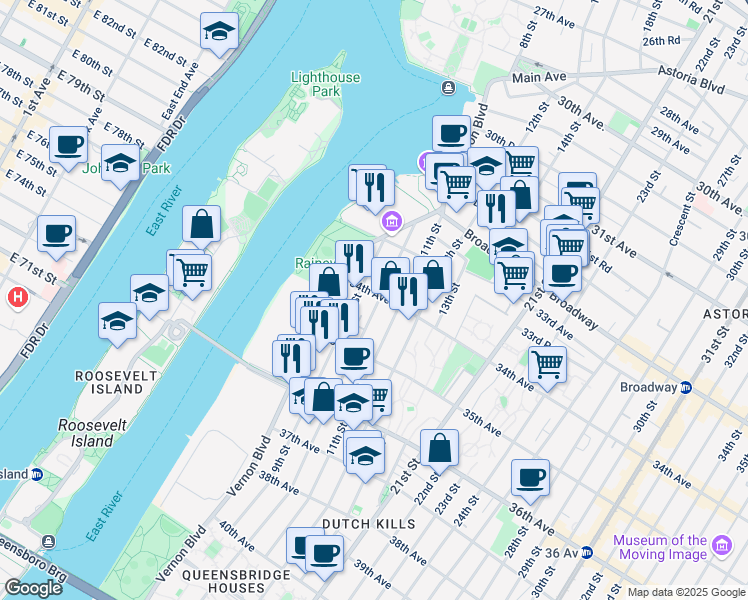 map of restaurants, bars, coffee shops, grocery stores, and more near 33-44 9th Street in Queens