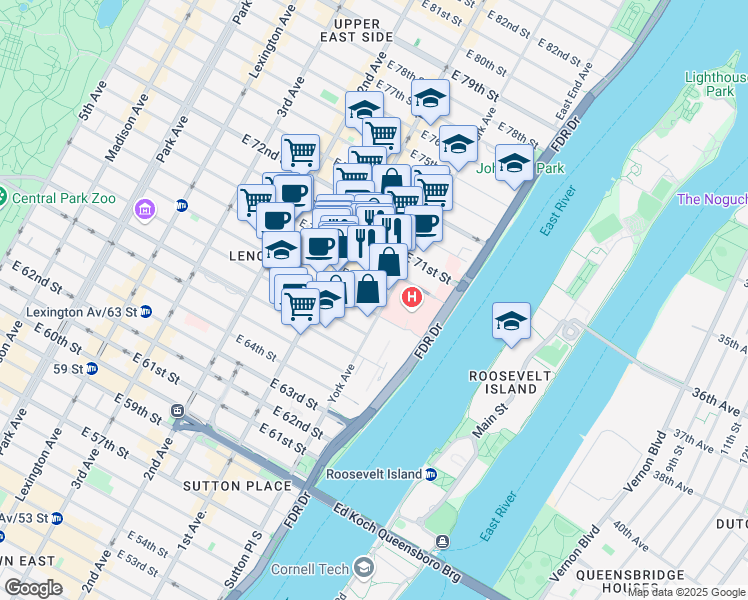 map of restaurants, bars, coffee shops, grocery stores, and more near 423 East 69th Street in New York