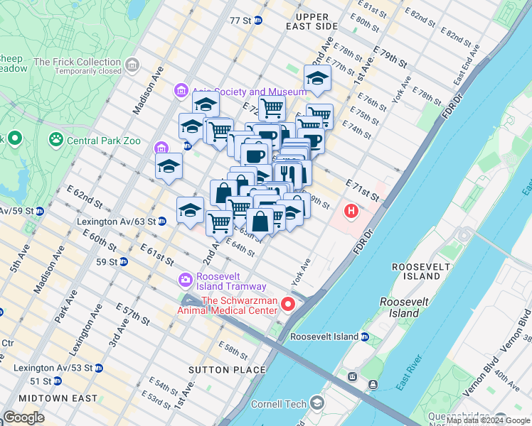 map of restaurants, bars, coffee shops, grocery stores, and more near 1251 1st Avenue in New York