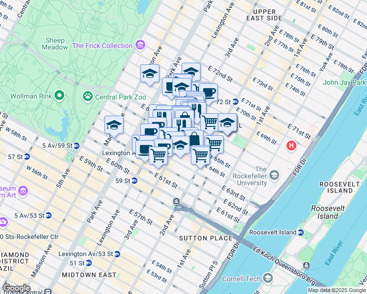 map of restaurants, bars, coffee shops, grocery stores, and more near 200-210 East 65th Street in New York