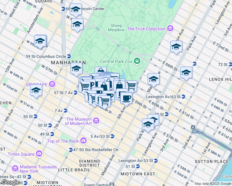 map of restaurants, bars, coffee shops, grocery stores, and more near 78 Central Park South in New York