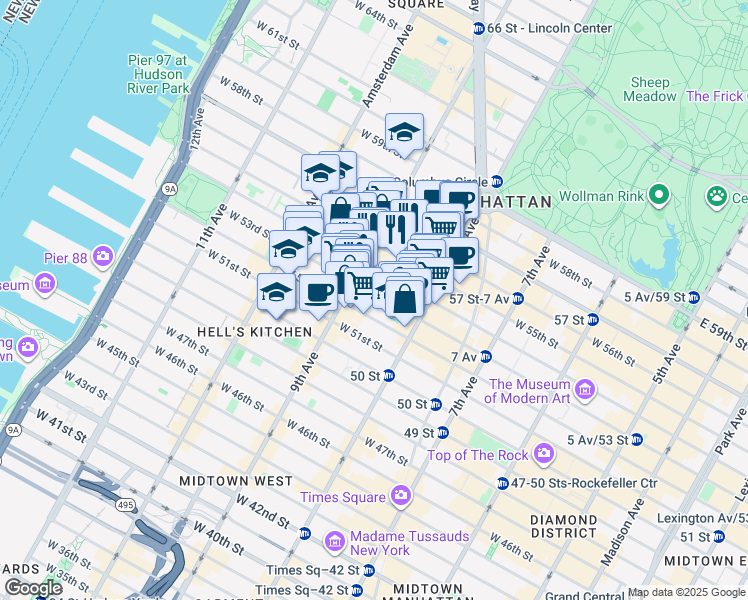 map of restaurants, bars, coffee shops, grocery stores, and more near 345 West 53rd Street in New York