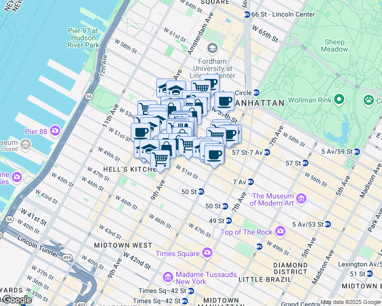map of restaurants, bars, coffee shops, grocery stores, and more near in New York