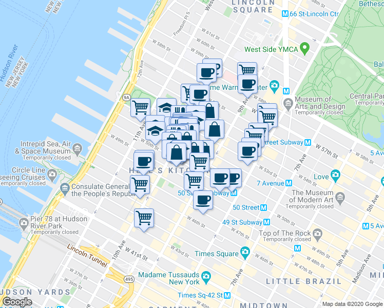 map of restaurants, bars, coffee shops, grocery stores, and more near 458 West 52nd Street in New York