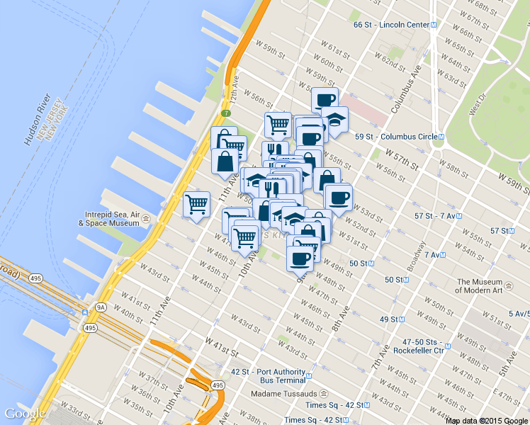 map of restaurants, bars, coffee shops, grocery stores, and more near in New York