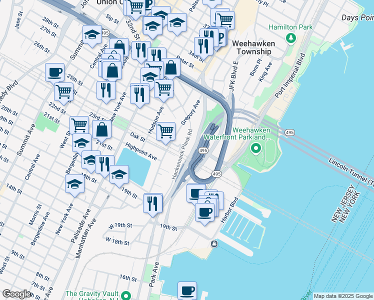 map of restaurants, bars, coffee shops, grocery stores, and more near 518 Gregory Avenue in Weehawken
