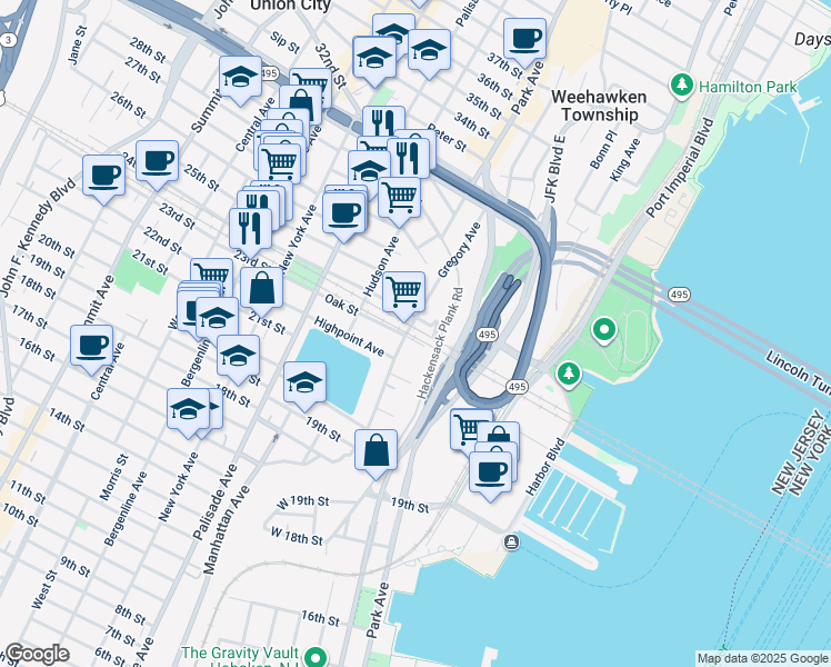 map of restaurants, bars, coffee shops, grocery stores, and more near 104 Shippen Street in Weehawken