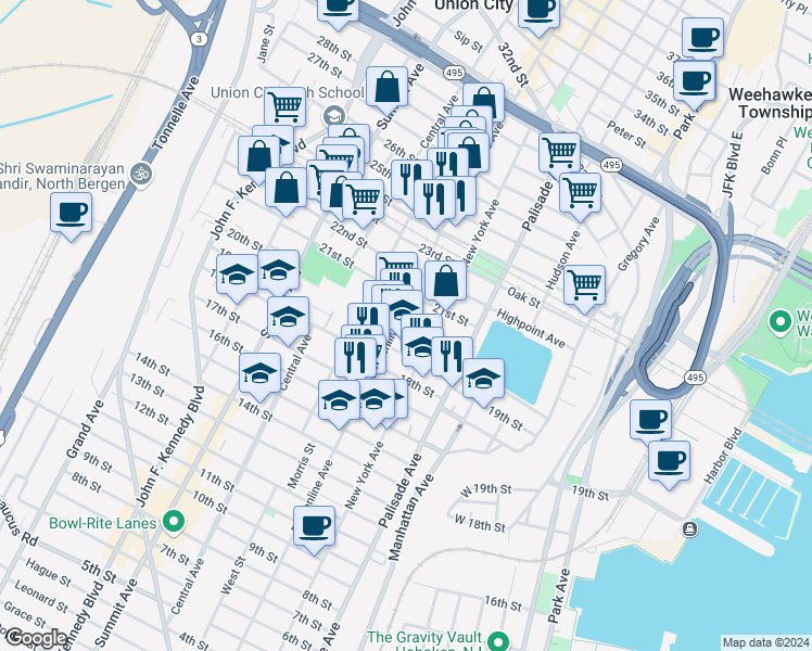 map of restaurants, bars, coffee shops, grocery stores, and more near 2025 Bergenline Avenue in Union City