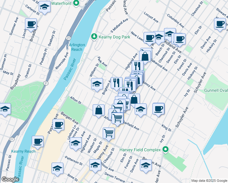 map of restaurants, bars, coffee shops, grocery stores, and more near 361 Highland Avenue in Kearny