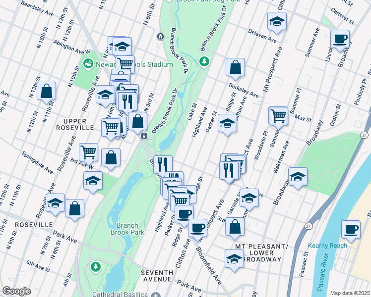 map of restaurants, bars, coffee shops, grocery stores, and more near 419-421 Lake Street in Newark