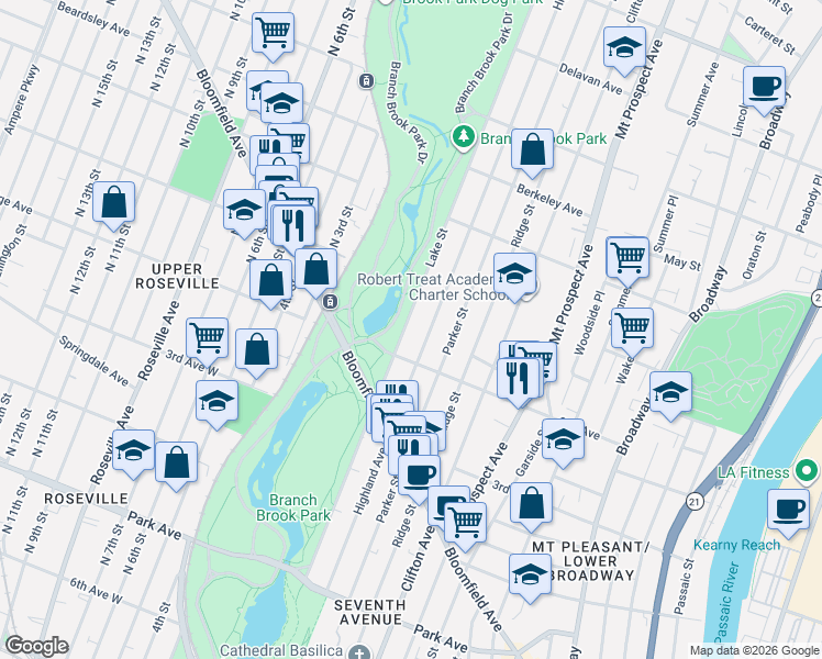 map of restaurants, bars, coffee shops, grocery stores, and more near 419-421 Lake Street in Newark