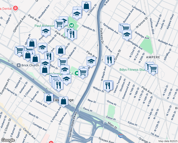 map of restaurants, bars, coffee shops, grocery stores, and more near 195 North Munn Avenue in East Orange