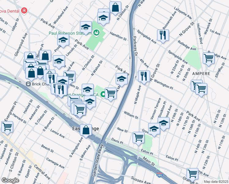map of restaurants, bars, coffee shops, grocery stores, and more near 195 North Munn Avenue in East Orange