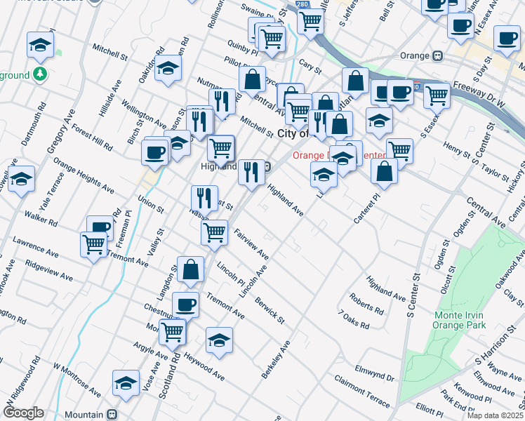 map of restaurants, bars, coffee shops, grocery stores, and more near in City of Orange