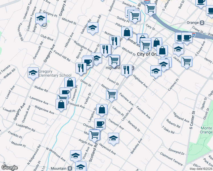 map of restaurants, bars, coffee shops, grocery stores, and more near 585 Forest Street in City of Orange