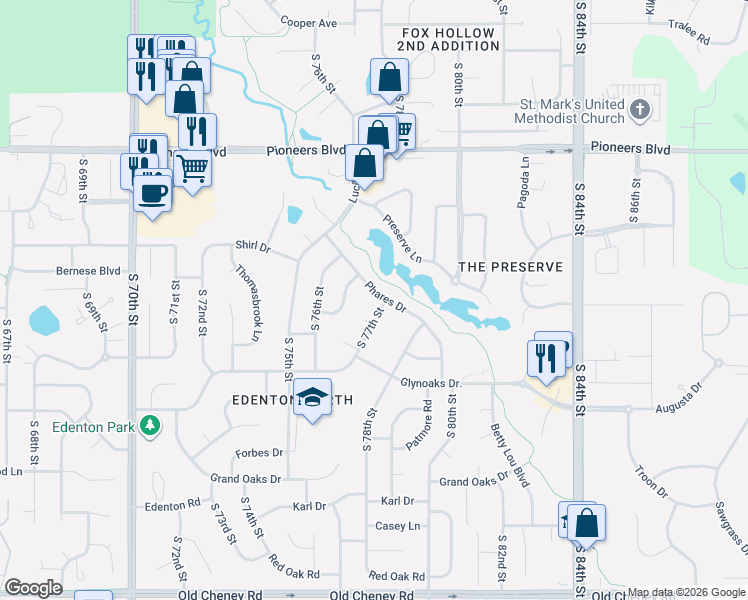 map of restaurants, bars, coffee shops, grocery stores, and more near 7660 Phares Drive in Lincoln