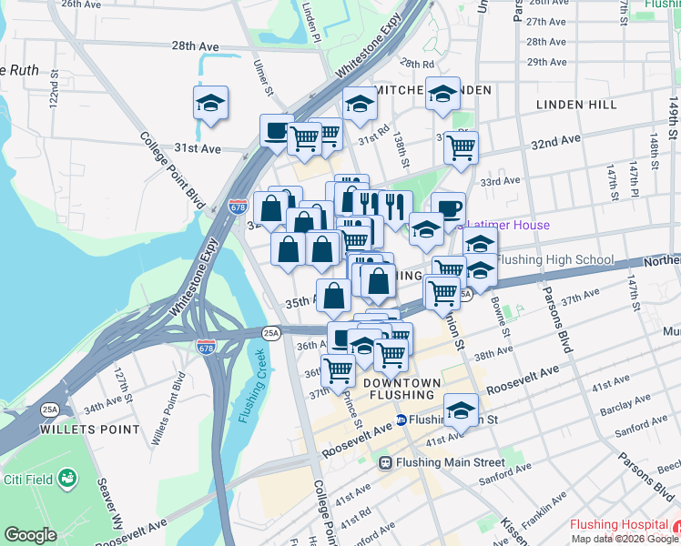 map of restaurants, bars, coffee shops, grocery stores, and more near 33-37 Prince Street in Queens