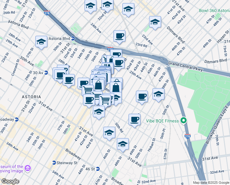 map of restaurants, bars, coffee shops, grocery stores, and more near 25-83 41st Street in Queens