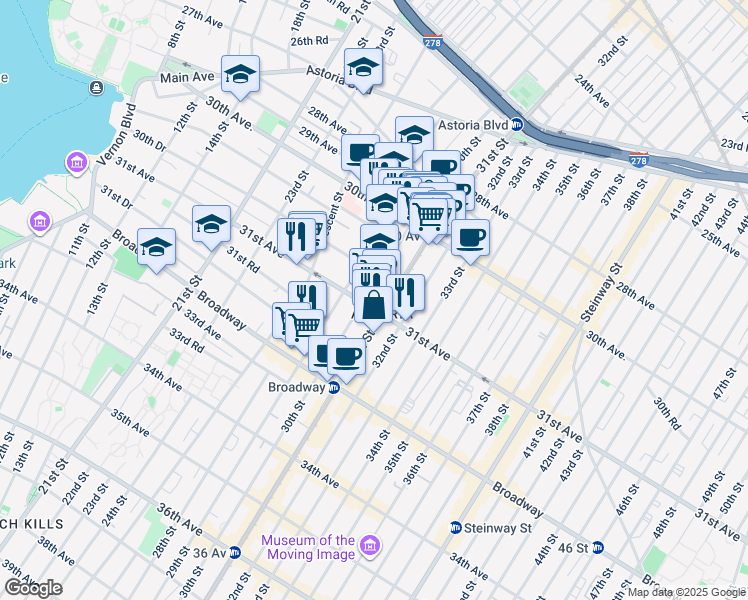 map of restaurants, bars, coffee shops, grocery stores, and more near 30-83 29th Street in Queens