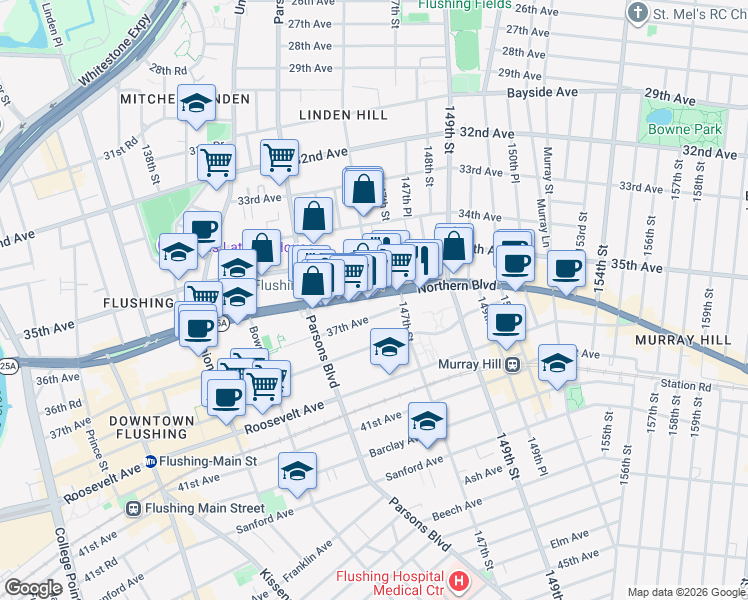 map of restaurants, bars, coffee shops, grocery stores, and more near 35-20 146th Street in Queens