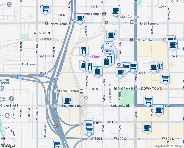 map of restaurants, bars, coffee shops, grocery stores, and more near 549 West 200 South in Salt Lake City