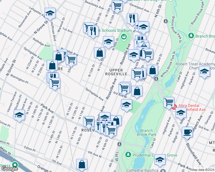 map of restaurants, bars, coffee shops, grocery stores, and more near 9 Peck Avenue in Newark