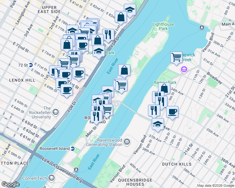 map of restaurants, bars, coffee shops, grocery stores, and more near 32 River Rd in New York