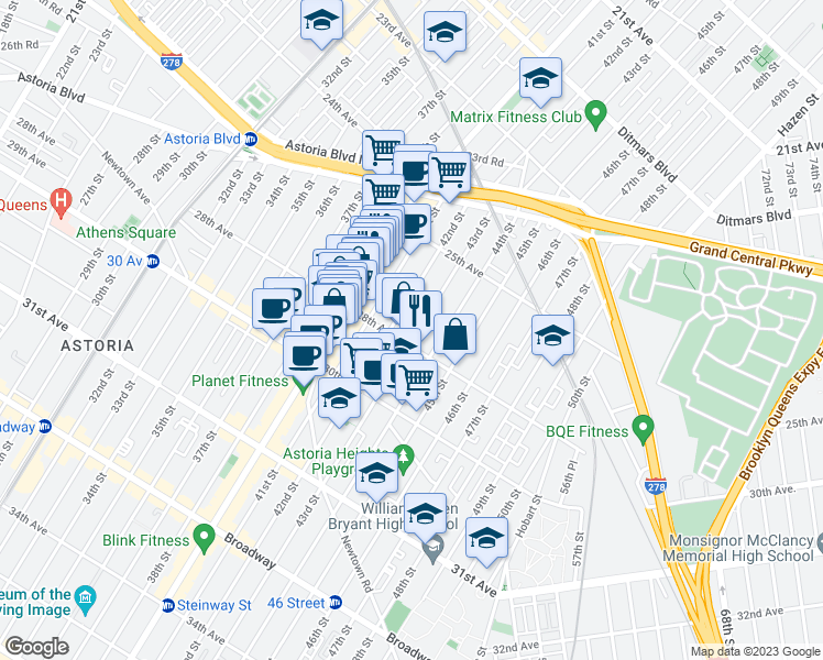map of restaurants, bars, coffee shops, grocery stores, and more near 25-90 43rd Street in Queens