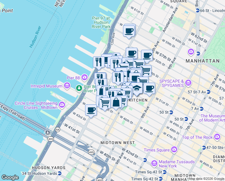 map of restaurants, bars, coffee shops, grocery stores, and more near in New York