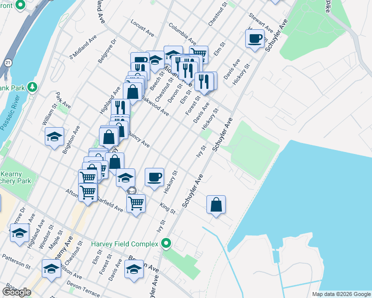 map of restaurants, bars, coffee shops, grocery stores, and more near 380 Davis Avenue in Kearny