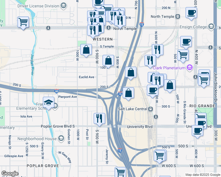 map of restaurants, bars, coffee shops, grocery stores, and more near 820 West 200 South in Salt Lake City