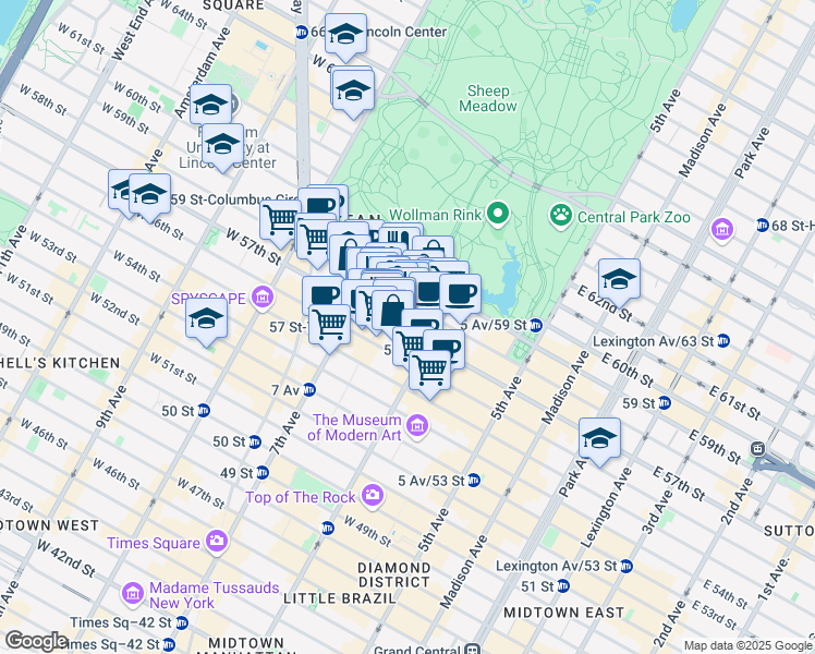 map of restaurants, bars, coffee shops, grocery stores, and more near 119 West 57th Street in New York