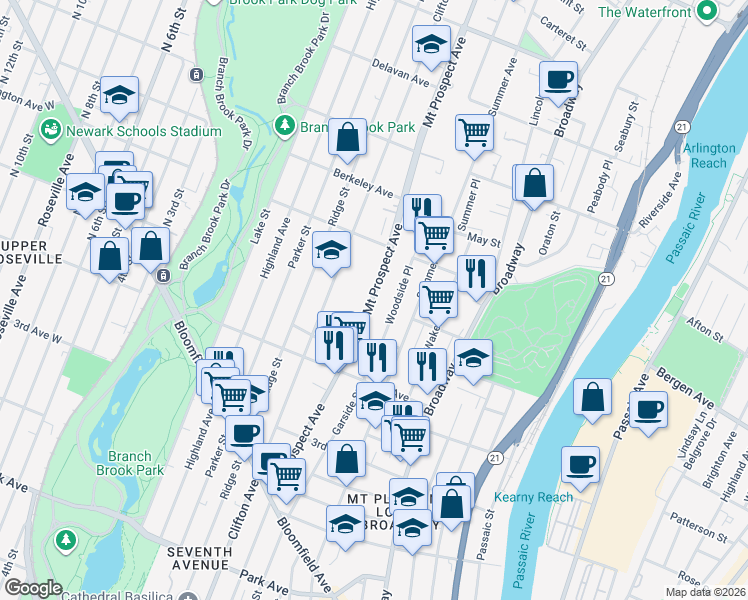 map of restaurants, bars, coffee shops, grocery stores, and more near 380 Mount Prospect Avenue in Newark