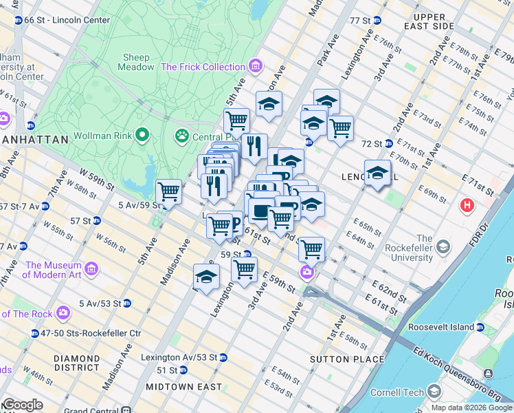 map of restaurants, bars, coffee shops, grocery stores, and more near in New York