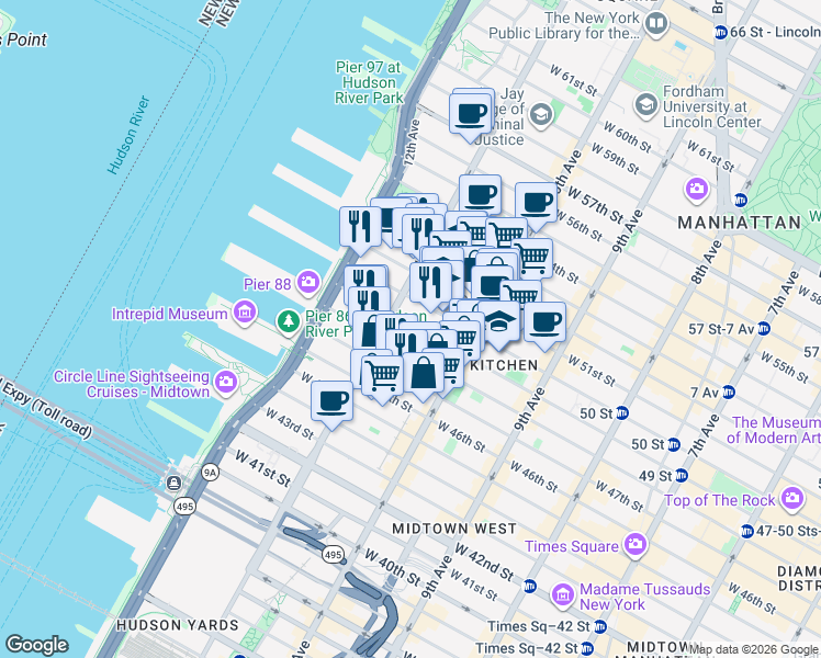 map of restaurants, bars, coffee shops, grocery stores, and more near 540 West 49th Street in New York