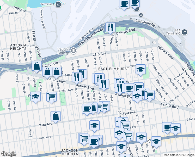 map of restaurants, bars, coffee shops, grocery stores, and more near 24-08 92nd Street in Queens