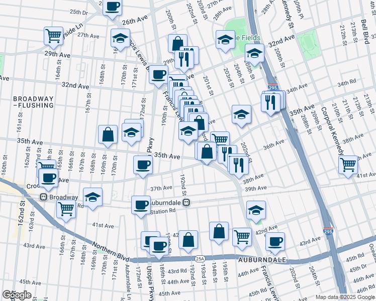 map of restaurants, bars, coffee shops, grocery stores, and more near 34-65 192nd Street in Queens