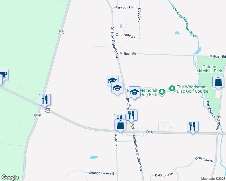 map of restaurants, bars, coffee shops, grocery stores, and more near 467 Shelby-Ontario Road in Ontario