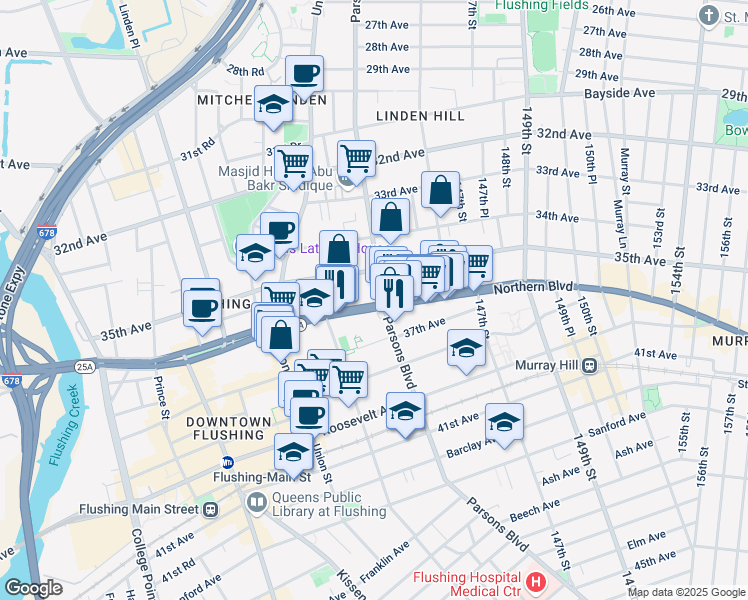 map of restaurants, bars, coffee shops, grocery stores, and more near 35-6 Parsons Boulevard in Queens