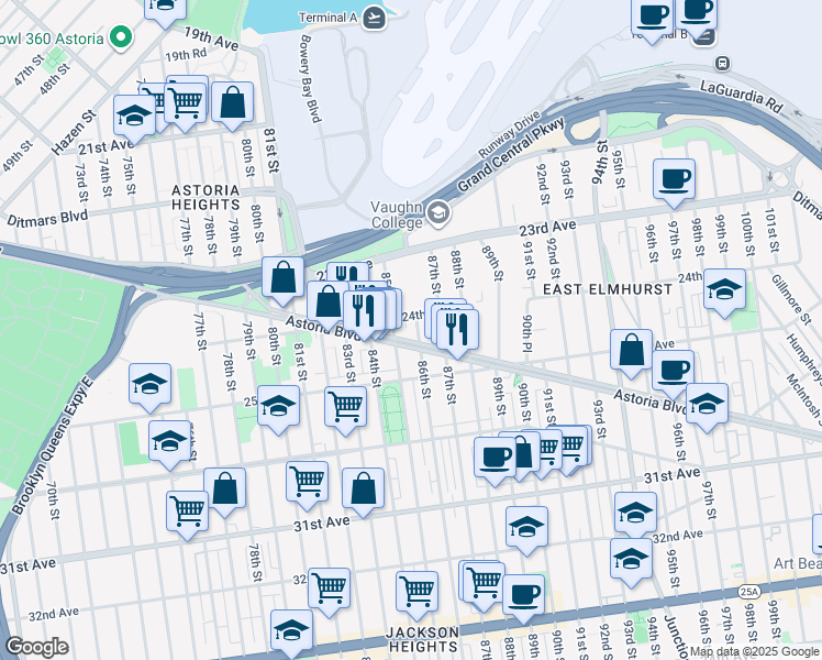 map of restaurants, bars, coffee shops, grocery stores, and more near 7407 85th Street in Queens