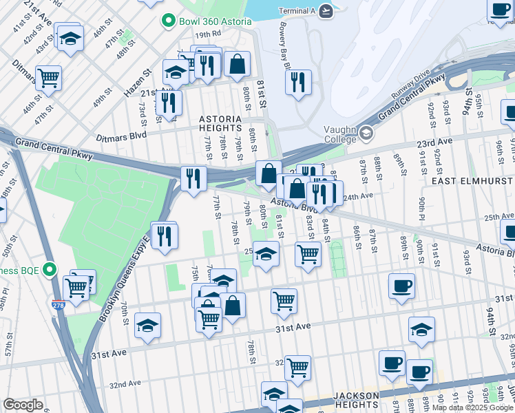 map of restaurants, bars, coffee shops, grocery stores, and more near 79-17 24th Avenue in Queens