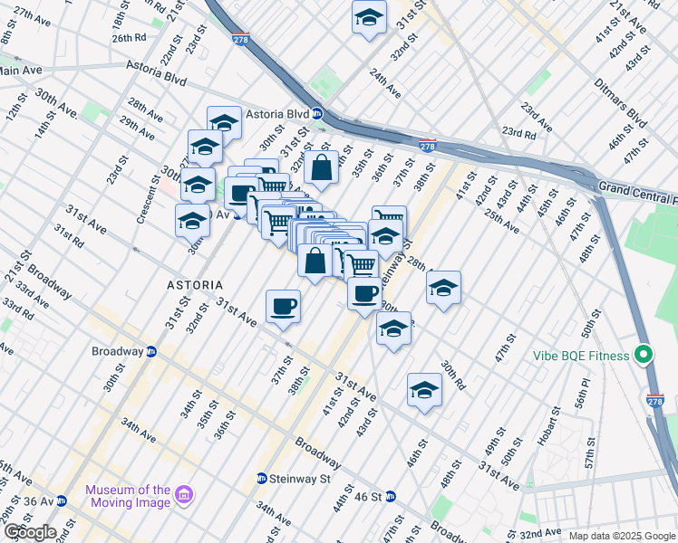 map of restaurants, bars, coffee shops, grocery stores, and more near 28-51 36th Street in Queens