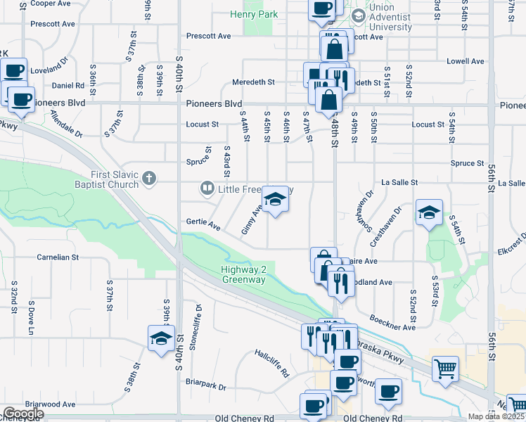 map of restaurants, bars, coffee shops, grocery stores, and more near 4810 Ginny Avenue in Lincoln
