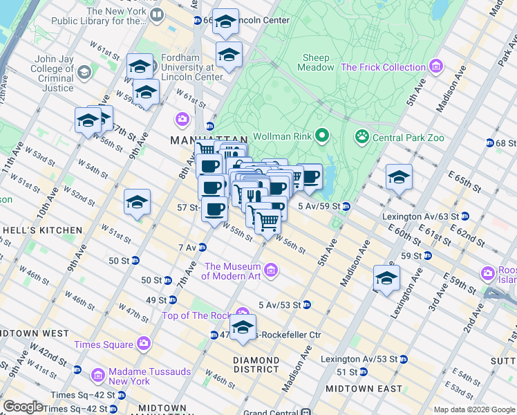 map of restaurants, bars, coffee shops, grocery stores, and more near 122 West 57th Street in New York