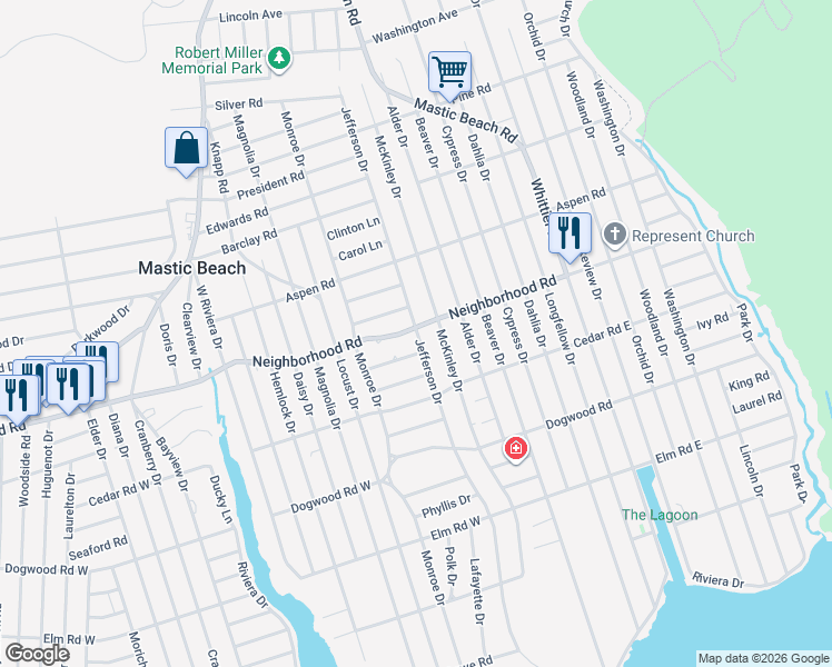 map of restaurants, bars, coffee shops, grocery stores, and more near 151 Neighborhood Road in Mastic Beach