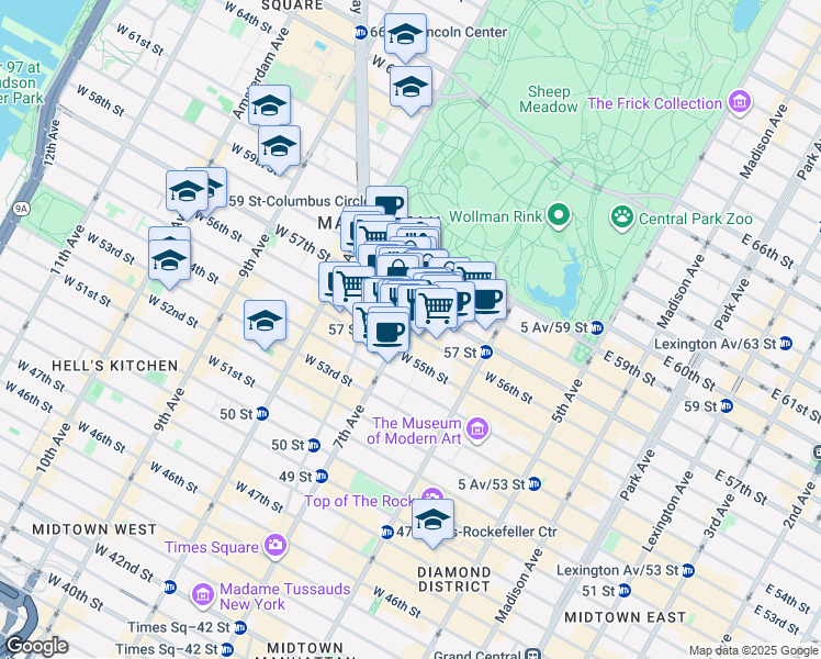 map of restaurants, bars, coffee shops, grocery stores, and more near 161 West 56th Street in New York