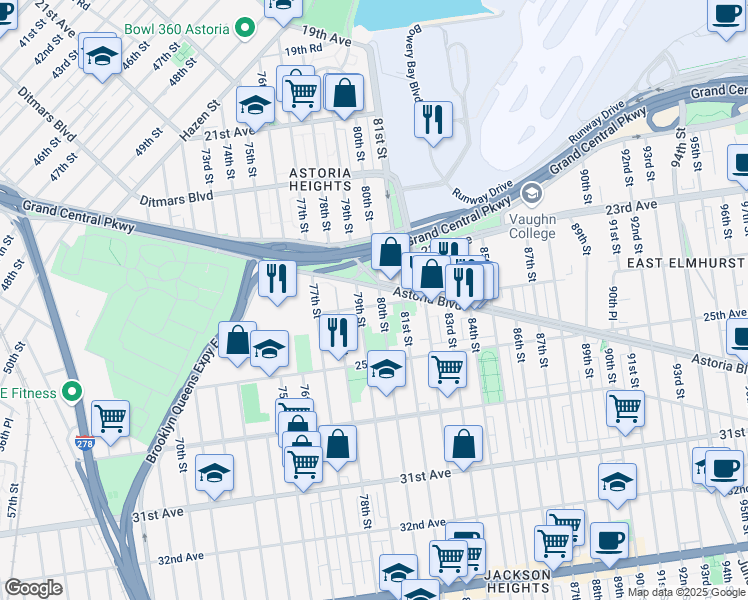 map of restaurants, bars, coffee shops, grocery stores, and more near 79-17 24th Avenue in Queens