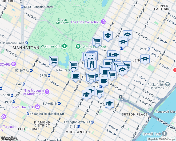 map of restaurants, bars, coffee shops, grocery stores, and more near 673 Madison Avenue in New York