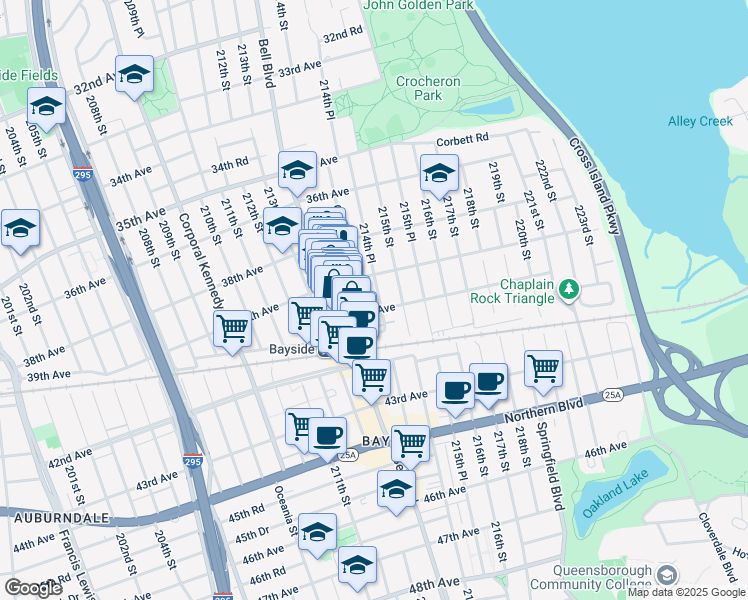 map of restaurants, bars, coffee shops, grocery stores, and more near 39-20 214th Place in Queens