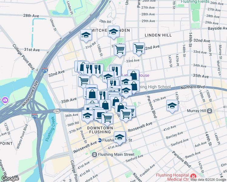 map of restaurants, bars, coffee shops, grocery stores, and more near in Queens